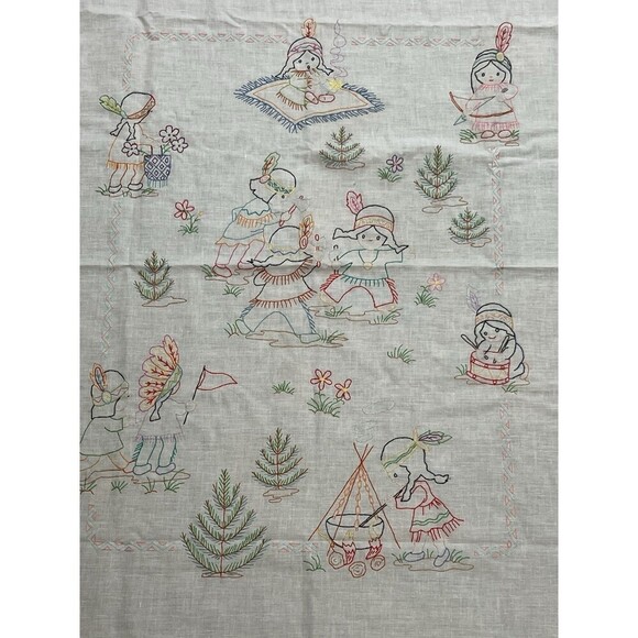 Vintage Hand Embroidered Cross Stitch Tablecloth Children 56” X 34” White Cotton - Picture 1 of 9